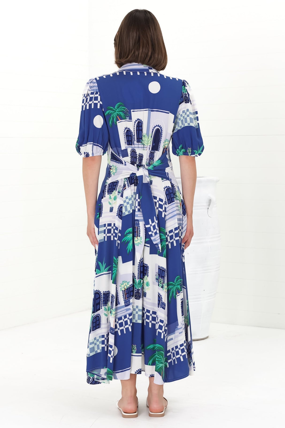 Elena Maxi Dress - Short Balloon Sleeve Button Down Dress With Belt in Tropea Print