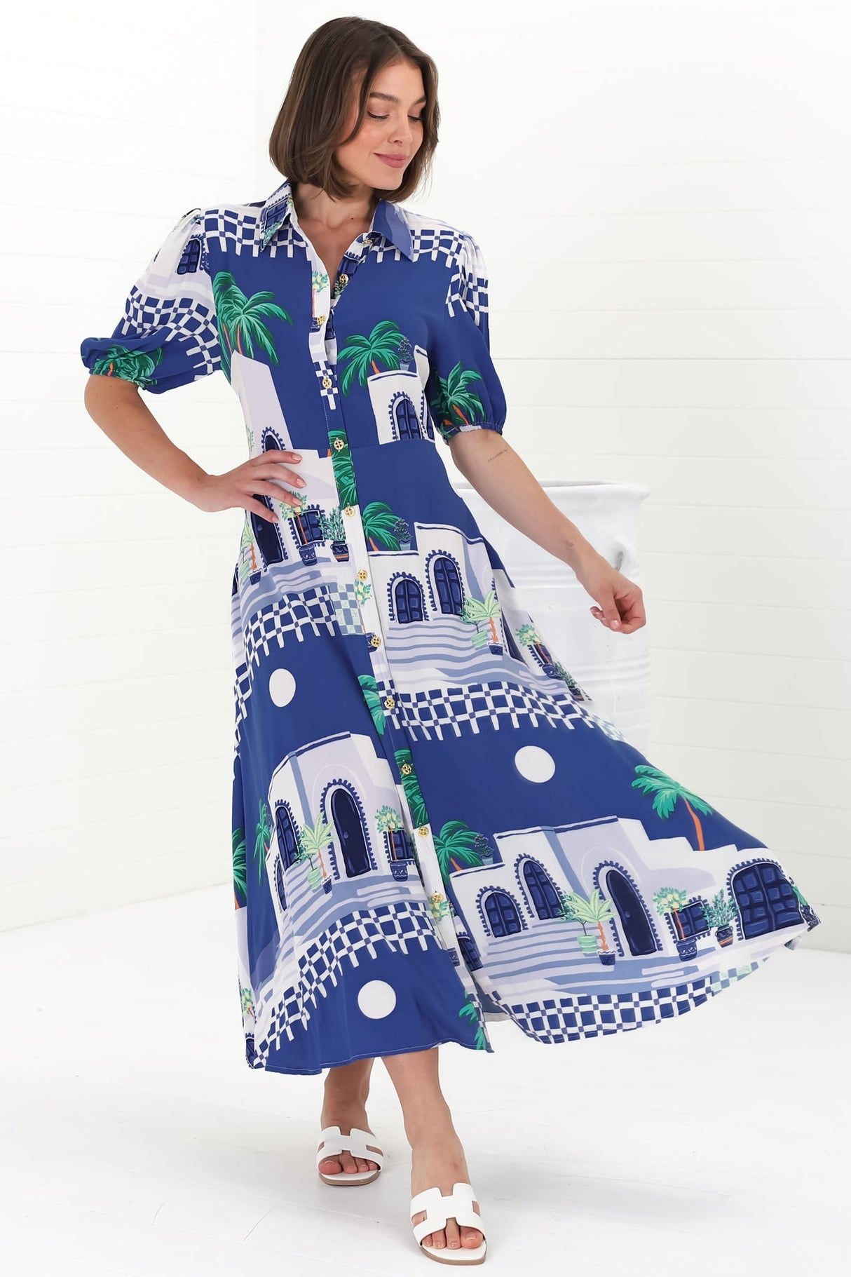 Elena Maxi Dress - Short Balloon Sleeve Button Down Dress With Belt in Tropea Print