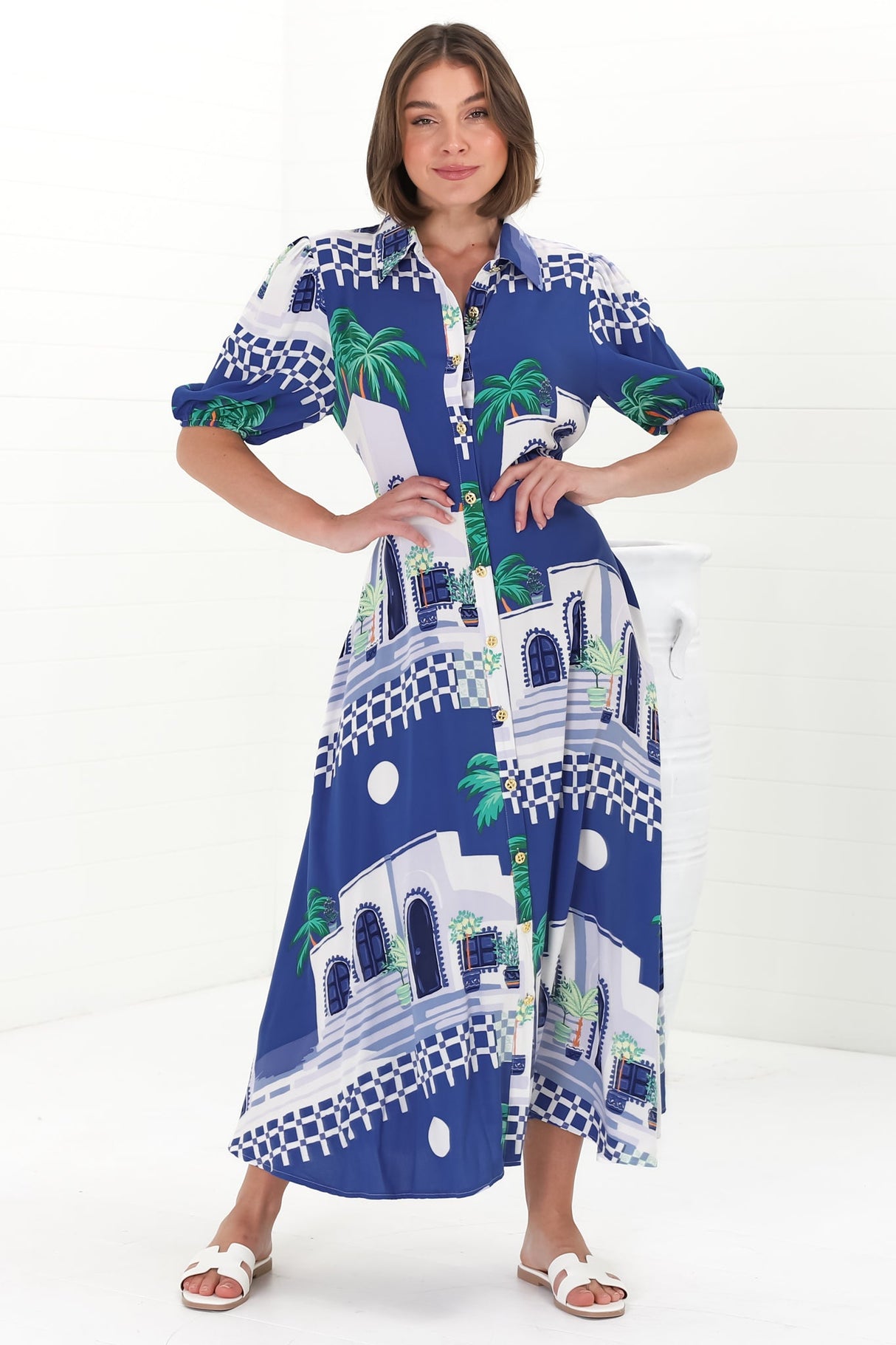 Elena Maxi Dress - Short Balloon Sleeve Button Down Dress With Belt in Tropea Print