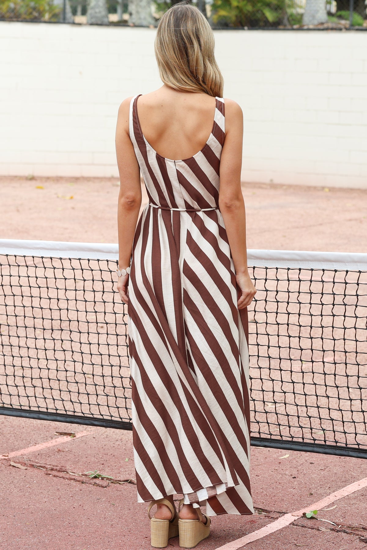 Elianna Maxi Dress - Scoop Neck A Line Dress with Waist Tie in Raiden Stripe