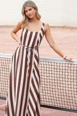 Elianna Maxi Dress - Scoop Neck A Line Dress with Waist Tie in Raiden Stripe