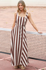 Elianna Maxi Dress - Scoop Neck A Line Dress with Waist Tie in Raiden Stripe