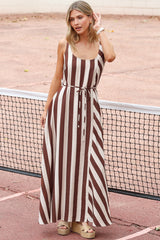 Elianna Maxi Dress - Scoop Neck A Line Dress with Waist Tie in Raiden Stripe