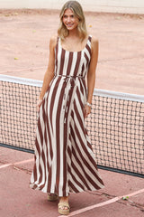 Elianna Maxi Dress - Scoop Neck A Line Dress with Waist Tie in Raiden Stripe
