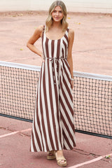 Elianna Maxi Dress - Scoop Neck A Line Dress with Waist Tie in Raiden Stripe