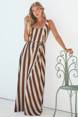 Elianna Maxi Dress - Scoop Neck A Line Dress with Waist Tie in Raiden Stripe