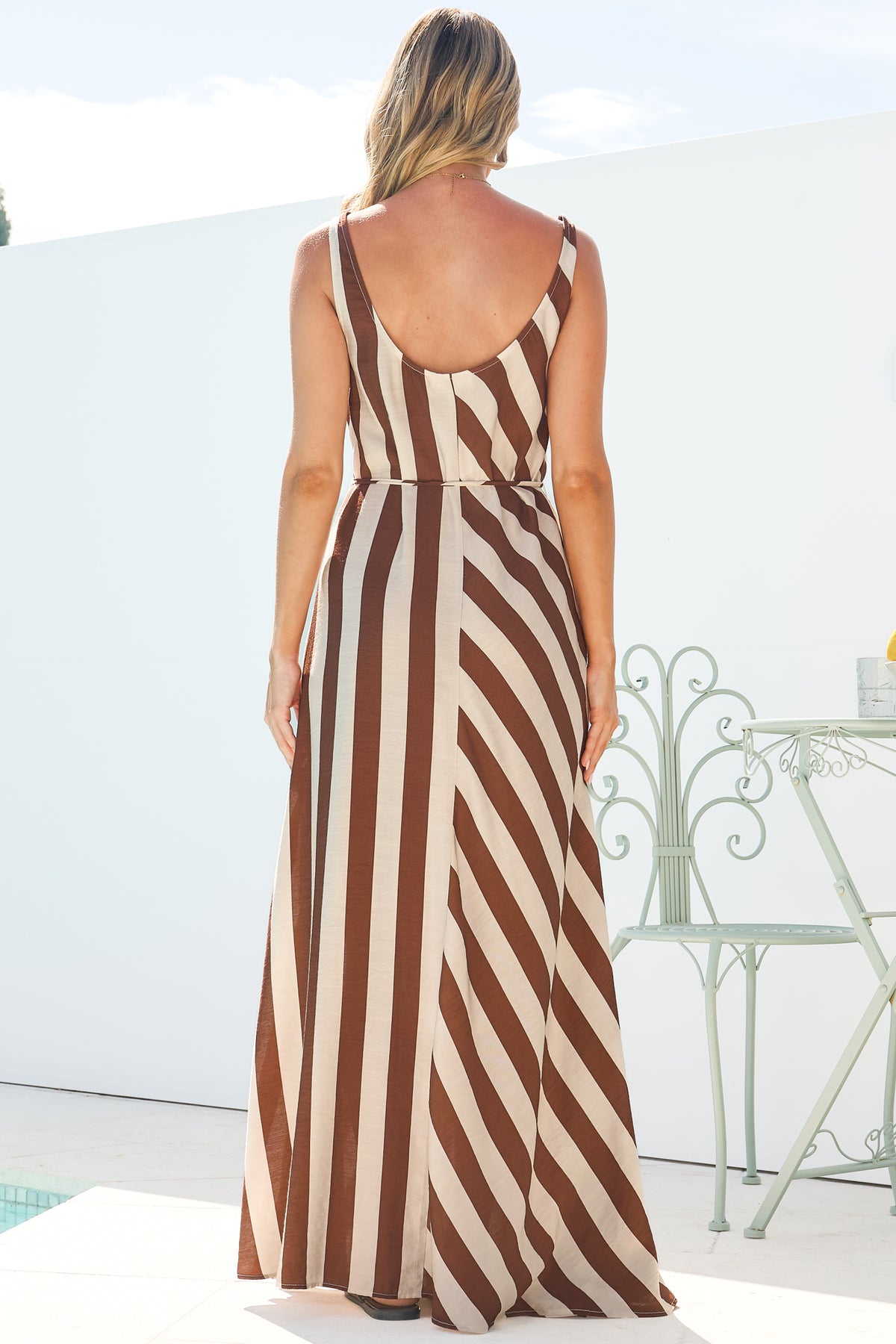 Elianna Maxi Dress - Scoop Neck A Line Dress with Waist Tie in Raiden Stripe