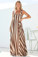 Elianna Maxi Dress - Scoop Neck A Line Dress with Waist Tie in Raiden Stripe