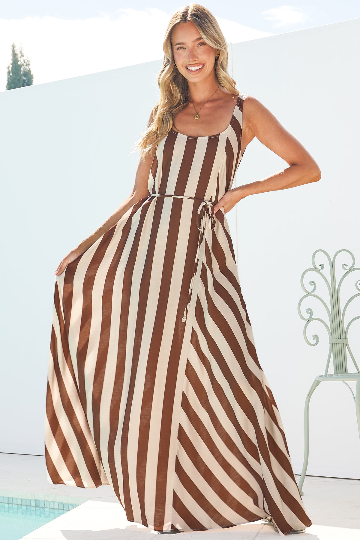 Elianna Maxi Dress - Scoop Neck A Line Dress with Waist Tie in Raiden Stripe