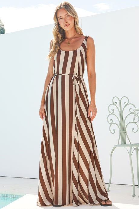 Elianna Maxi Dress - Scoop Neck A Line Dress with Waist Tie in Raiden Stripe