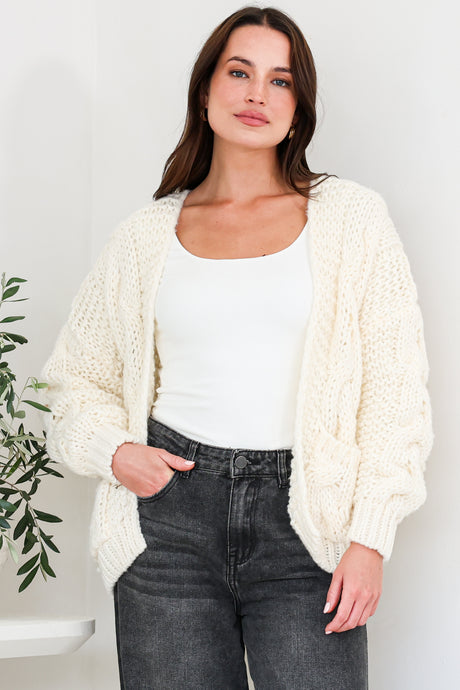 Model wearing Elias Cardigan in Cream from Salty Crush