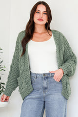Model wearing Elias Cardigan in Sage from Salty Crush