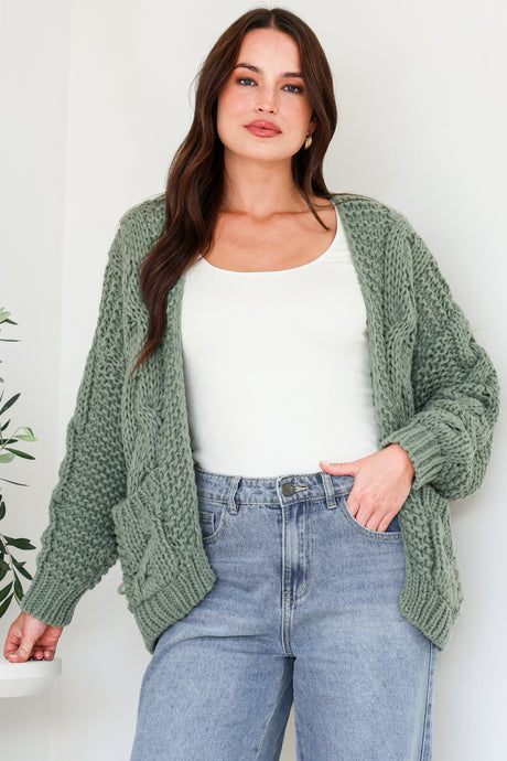 Model wearing Elias Cardigan in Sage from Salty Crush