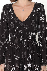 Elias Midi Dress - Shirred Elasticated Bodice A Line Dress with Long Sleeves in Maui Print Black