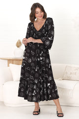 Elias Midi Dress - Shirred Elasticated Bodice A Line Dress with Long Sleeves in Maui Print Black