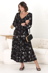 Elias Midi Dress - Shirred Elasticated Bodice A Line Dress with Long Sleeves in Maui Print Black