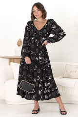 Elias Midi Dress - Shirred Elasticated Bodice A Line Dress with Long Sleeves in Maui Print Black