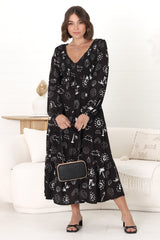 Elias Midi Dress - Shirred Elasticated Bodice A Line Dress with Long Sleeves in Maui Print Black