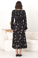 Elias Midi Dress - Shirred Elasticated Bodice A Line Dress with Long Sleeves in Maui Print Black