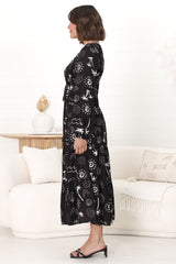 Elias Midi Dress - Shirred Elasticated Bodice A Line Dress with Long Sleeves in Maui Print Black