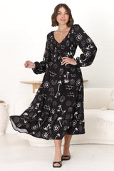 Elias Midi Dress - Shirred Elasticated Bodice A Line Dress with Long Sleeves in Maui Print Black