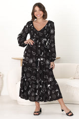 Elias Midi Dress - Shirred Elasticated Bodice A Line Dress with Long Sleeves in Maui Print Black