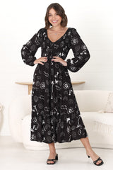 Elias Midi Dress - Shirred Elasticated Bodice A Line Dress with Long Sleeves in Maui Print Black