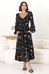 Elias Midi Dress - Shirred Elasticated Bodice A Line Dress with Long Sleeves in Maui Print Black