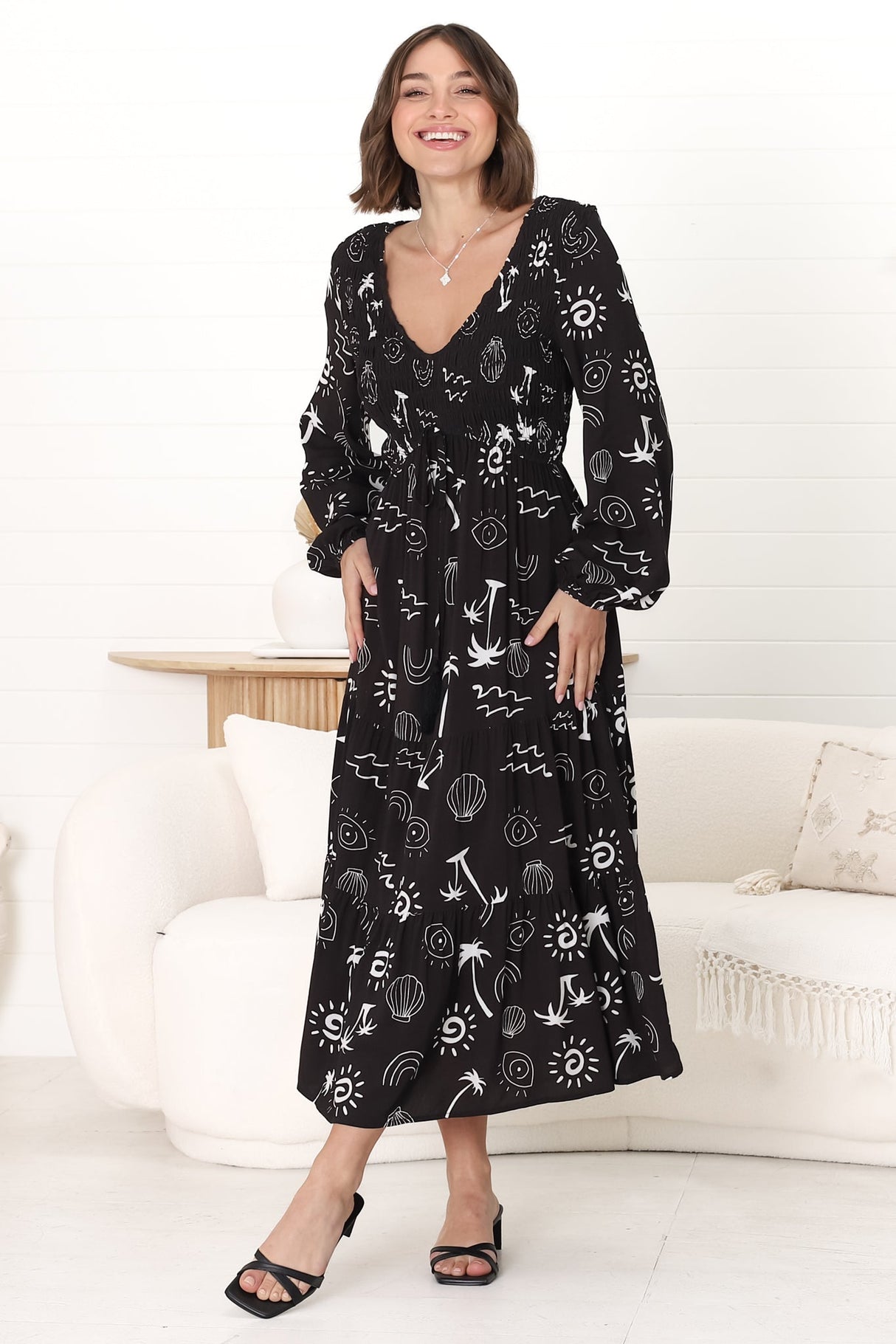 Elias Midi Dress - Shirred Elasticated Bodice A Line Dress with Long Sleeves in Maui Print Black