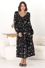 Elias Midi Dress - Shirred Elasticated Bodice A Line Dress with Long Sleeves in Maui Print Black