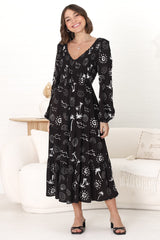 Elias Midi Dress - Shirred Elasticated Bodice A Line Dress with Long Sleeves in Maui Print Black