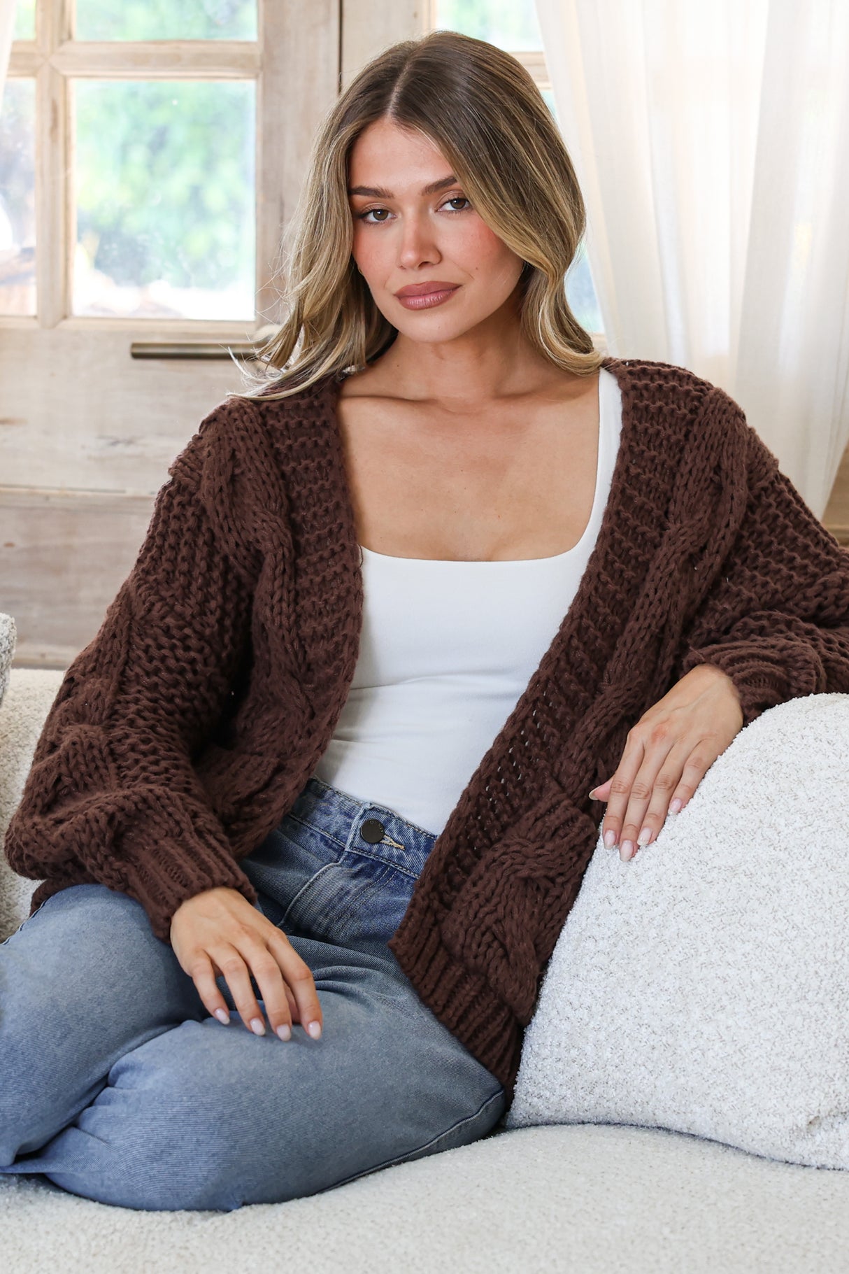 Elias Cardigan - Open Front Thick Cable Knit with Pockets in Coffee