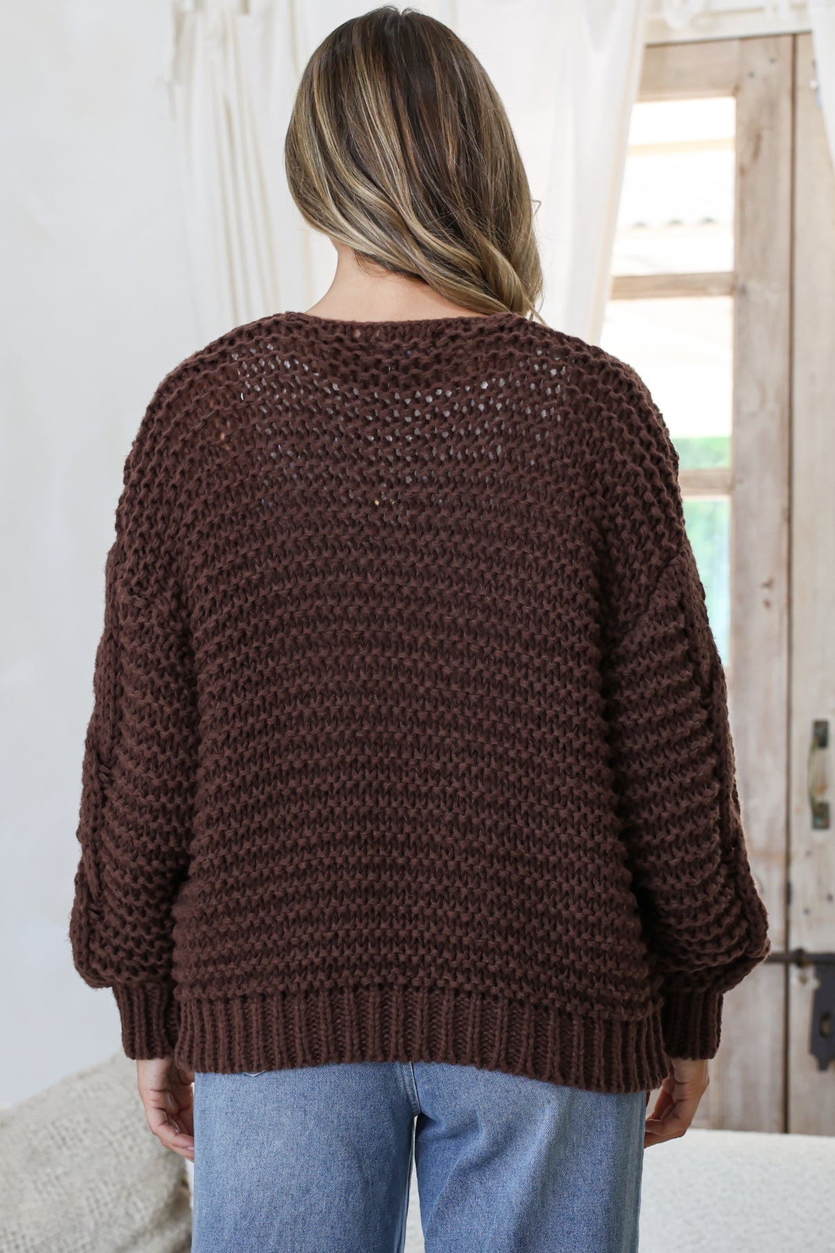 Elias Cardigan - Open Front Thick Cable Knit with Pockets in Coffee