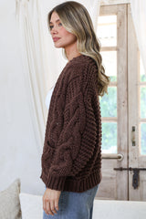 Elias Cardigan - Open Front Thick Cable Knit with Pockets in Coffee