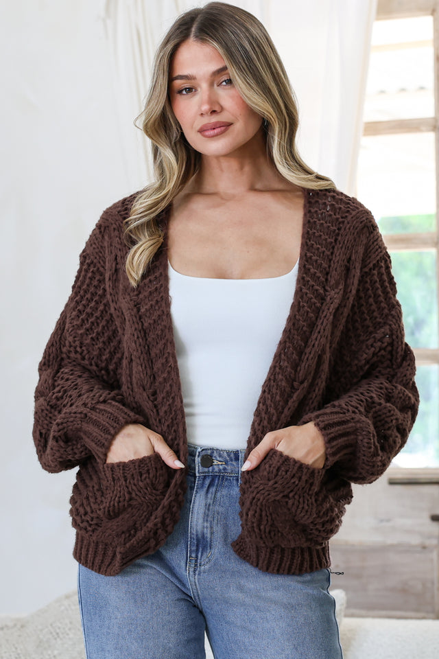 Model wearing Elias Cardigan in Coffee from Salty Crush