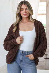 Elias Cardigan - Open Front Thick Cable Knit with Pockets in Coffee