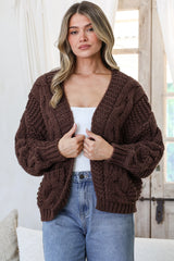 Elias Cardigan - Open Front Thick Cable Knit with Pockets in Coffee