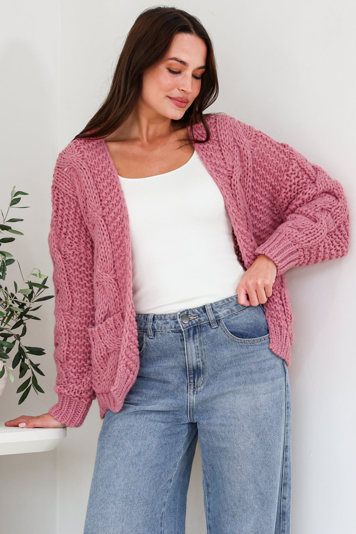 Elias Cardigan - Open Front Thick Cable Knit with Pockets in Pink