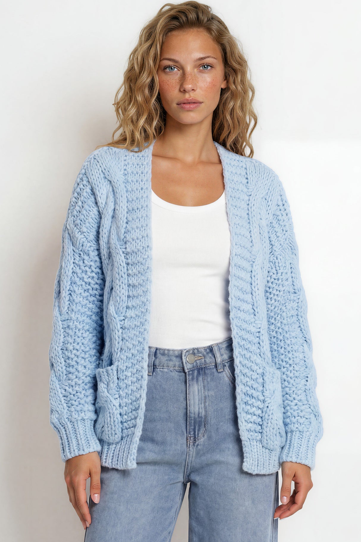 Model wearing Elias Cardigan in Blue from Salty Crush