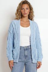Model wearing Elias Cardigan in Blue from Salty Crush