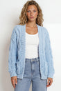 Model wearing Elias Cardigan in Blue from Salty Crush