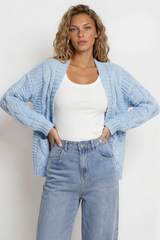 Model wearing Elias Cardigan in Blue from Salty Crush