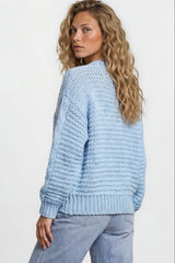 Model wearing Elias Cardigan in Blue from Salty Crush