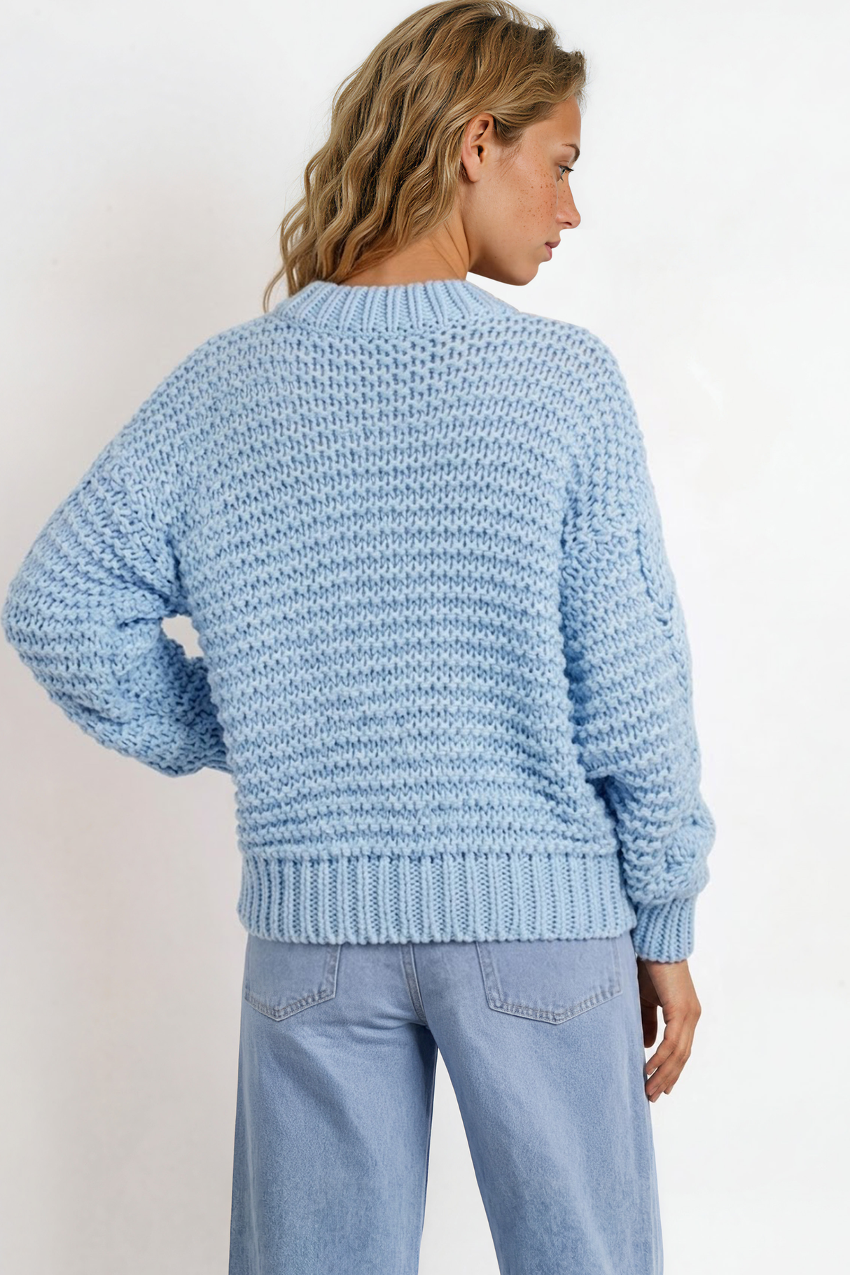 Model wearing Elias Cardigan in Blue from Salty Crush