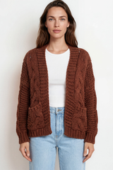 Model wearing Elias Cardigan in Brown from Salty Crush