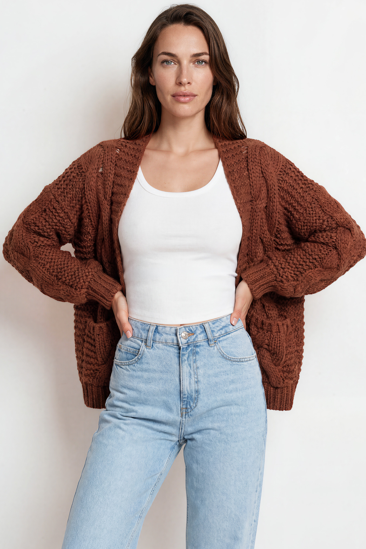 Model wearing Elias Cardigan in Brown from Salty Crush