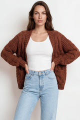 Model wearing Elias Cardigan in Brown from Salty Crush