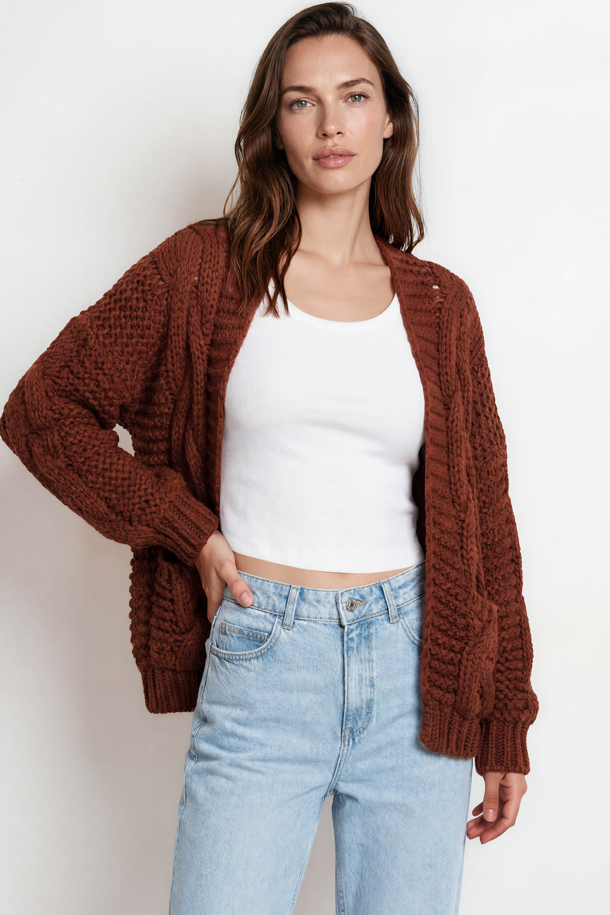 Model wearing Elias Cardigan in Brown from Salty Crush