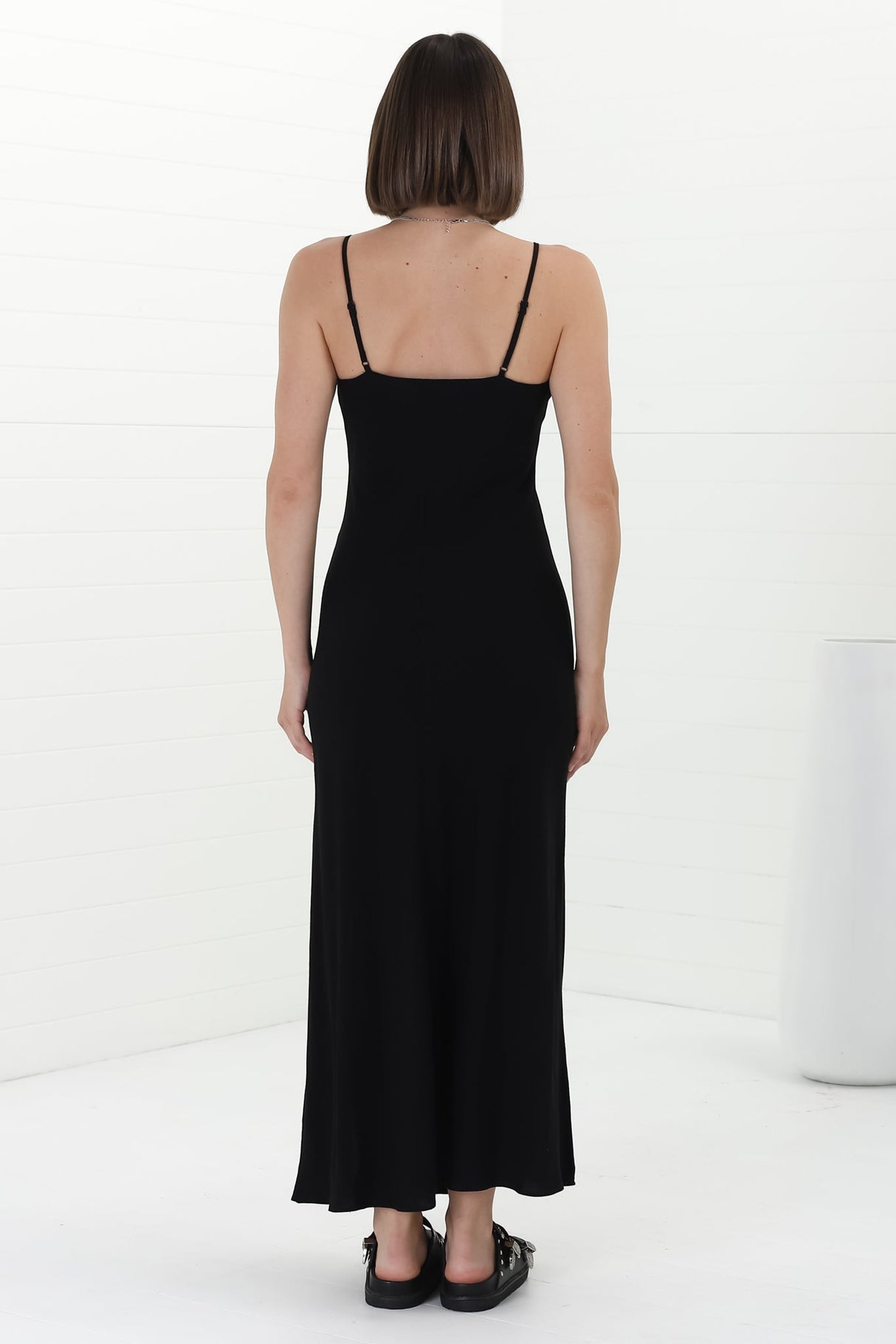 Elio Maxi Dress - Spaghetti Strap A Line Slip Dress in Black