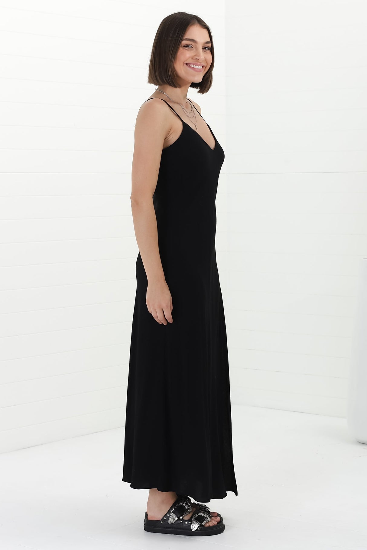 Elio Maxi Dress - Spaghetti Strap A Line Slip Dress in Black